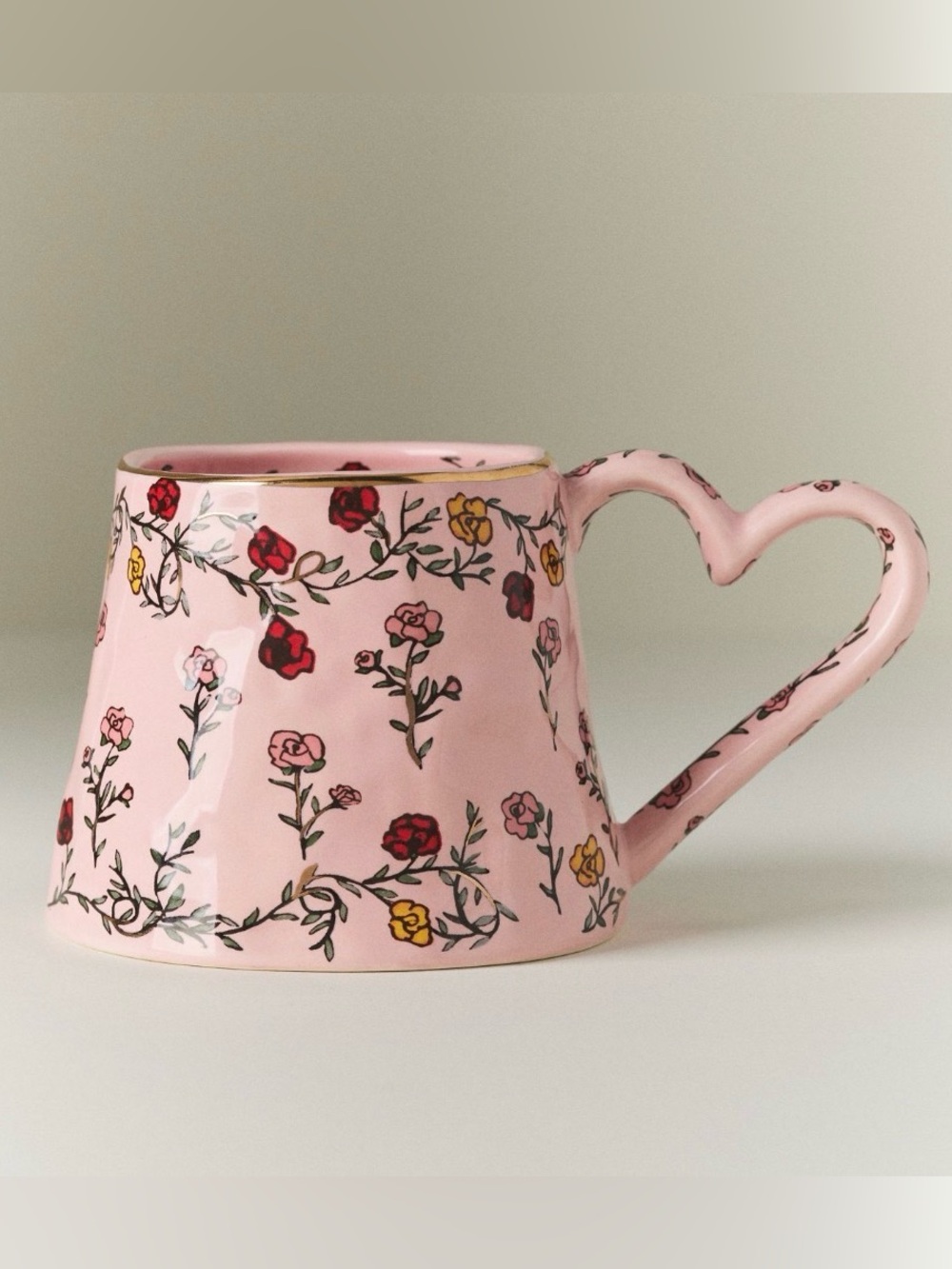 Anthropologie The Mud Fairy Blooming Hearts Stoneware 24k Gold Accent Mug Pink